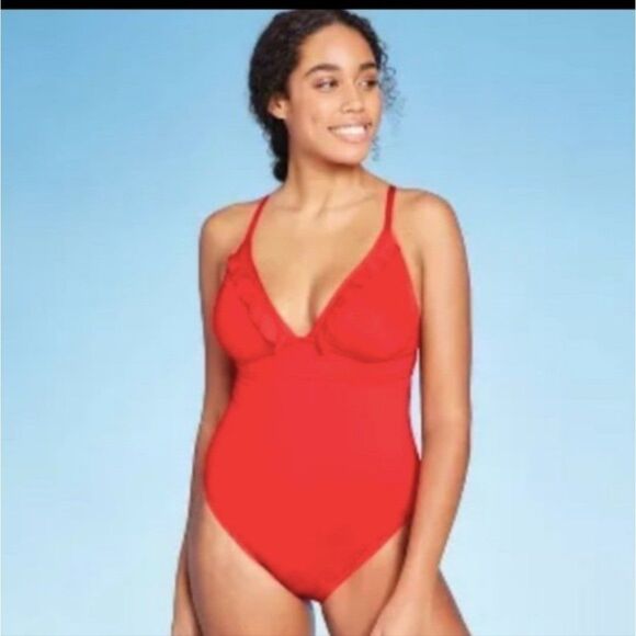 Shade Shore Plunging Neckline Swim Ruffled Strappy Cheeky Bathing Suit Tank L - Picture 3 of 5